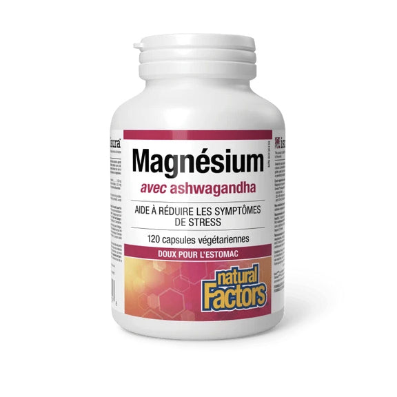 Magnésium Bisglycinate avec Ashwagandha - Aide à réduire les symptômes de stress - Natural Factors - 120 capsules